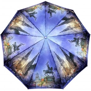 Синий атласный зонтик с городом, полуавтомат, EIKCO, арт.Е02-1